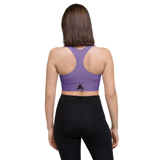 Soutien gorge sport pour femme couleur violet avec son logo noir à l'avant vu de dos