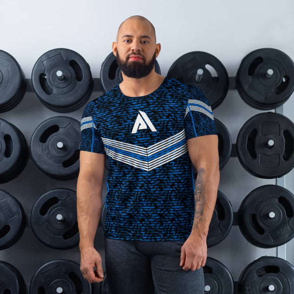 T-shirt de sport pour homme design noir bleu physique affûté face