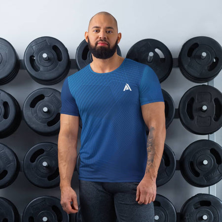 T-shirt sport pour homme imprimé bleu design géo physique affûté vue de face