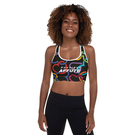 brassière de sport femme noir avec des cœurs colorés à l'avant ainsi que le nom de la marque "physique affûté"