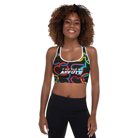 brassière de sport femme noir avec des cœurs colorés à l'avant ainsi que le nom de la marque 