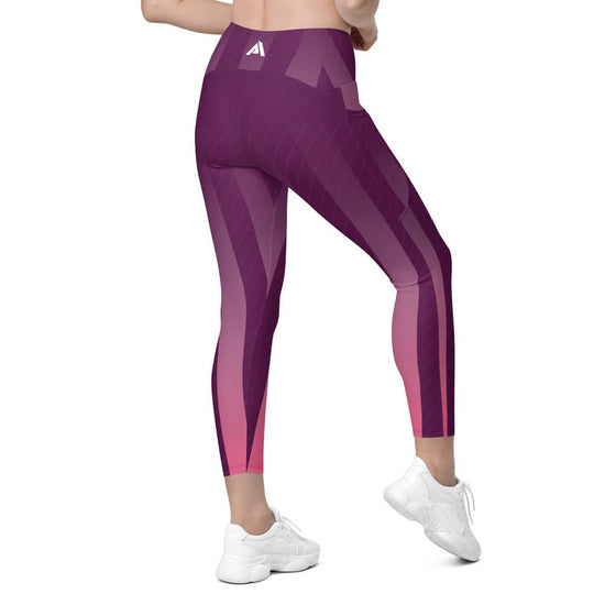 Collant de sport pour femme avec poches latérales couleur violet rose row design physique affûté vue de dos
