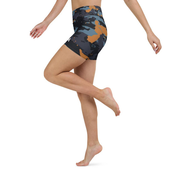 collant court de sport femme couleur camouflage noir gris orange physique-affûté côté gauche