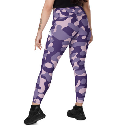 collant sport femme taille haute croisée avec poches camouflage violet physique-affuté dos