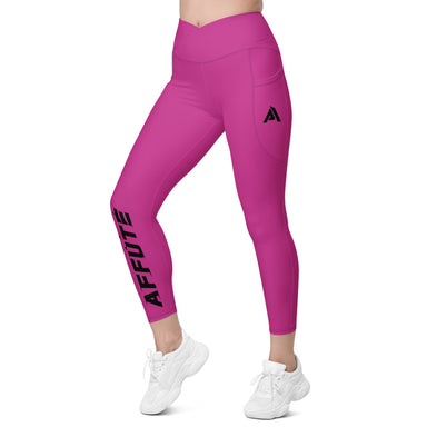 collant sport femme taille haute croisée avec poches rose physique-affuté coté gauche