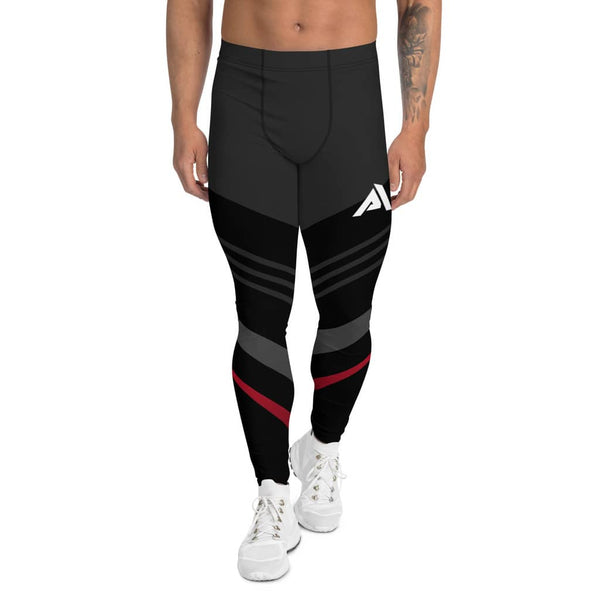 legging de sport pour homme au design couleur noir avec  du gris en diagonale et un peu de rouge avec le logo "physique affûté" sur la cuisse avant gauche vue de face