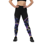 legging de compression pour femme avec deux couleurs noir et un camouflage violet-noir physique-affûté face