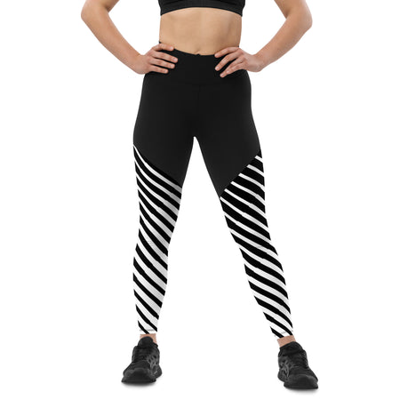 Legging sport femme bi-color noir rayure blanche