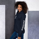 femme avec un sweat à capuche bleu marine de la marque physique affûté vue de côté gauche