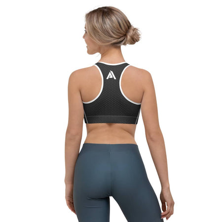 soutien gorge de sport noir NDA avec à l'arrière le logo de couleur blanc vue de dos