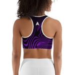 soutien gorge de sport noir design violet avec à l'arrière le logo de couleur blanc vue de dos