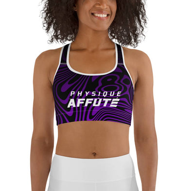 soutien gorge de sport noir design violet avec à l'avant la marque physique affûté de couleur blanc vue de face