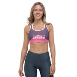 soutien gorge de sport violet rose design avec à l'avant la marque physique affûté de couleur blanc vue de face