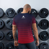 T-shirt de musculation pour homme couleur dégradé rouge bleu de la marque physique affûté vue de dos
